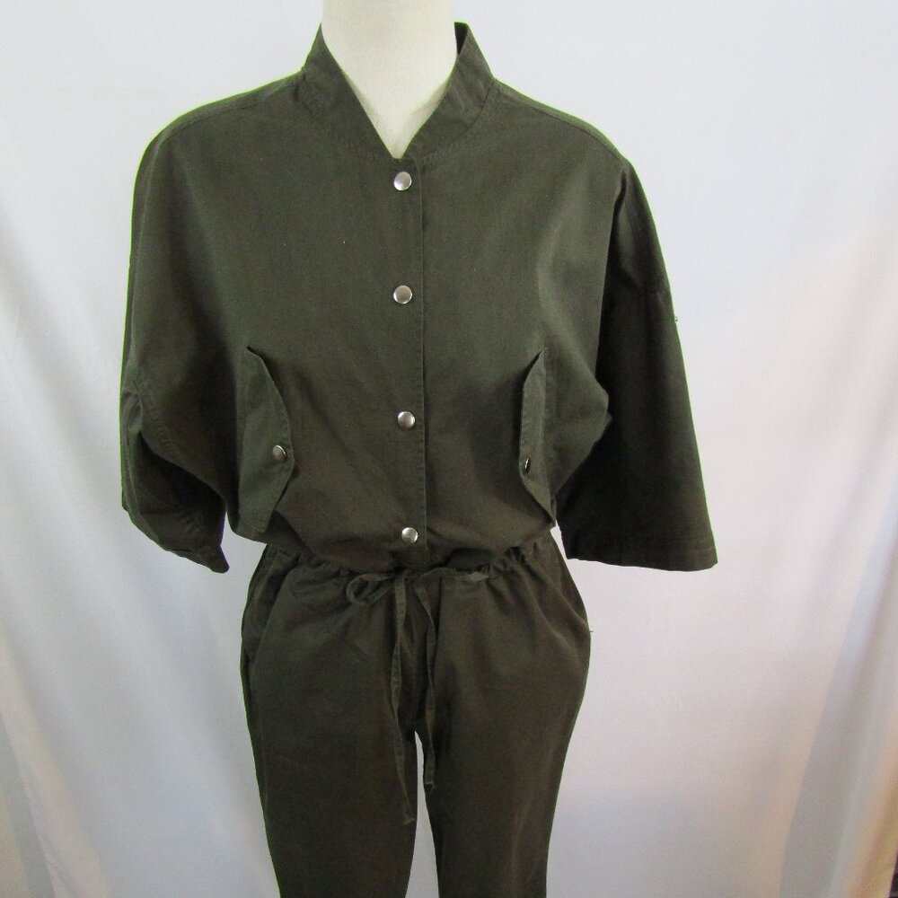 Olive Green 3/4 Sleeve Pant Jumpsuit W/ Drawstring Waistband Womens Size Meduim